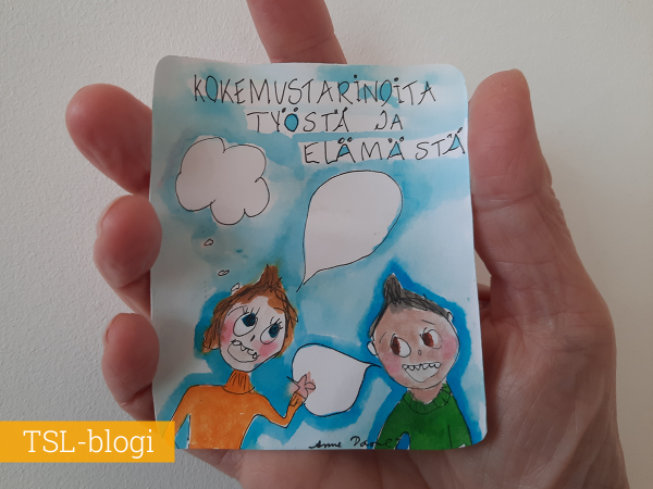 Kaksi piirroshahmoa keskustelemassa ja teksti kokemustarinoita työstä ja elämästä.