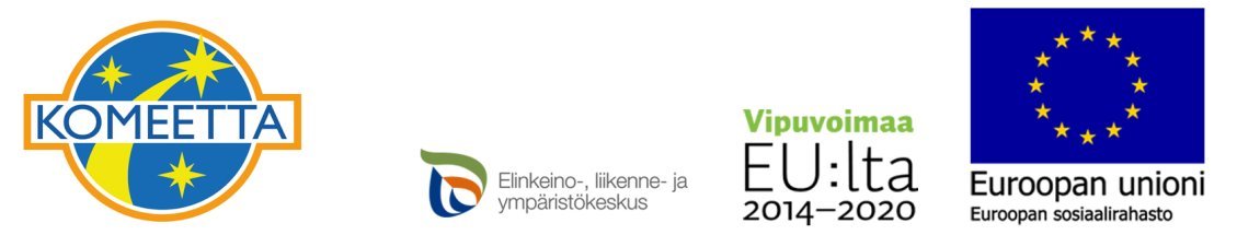 Komeetta-hankkeen logo, ELY-logo, Vipuvoimaa EU:lta 2014-2020 -logo ja Euroopan sosiaalirahaston -logo