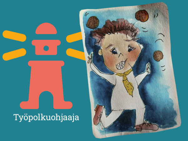 Majakka-ikoni ja teksti työpolkuohjaaja sekä piirroshahmo.